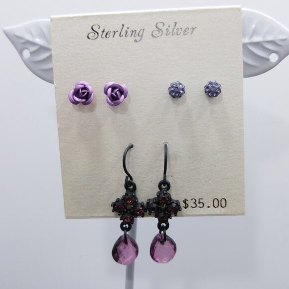 Sterling Silver Purple Earrings Set 3 Pairs Stud & Dangle New on Card - Picture 6 of 7